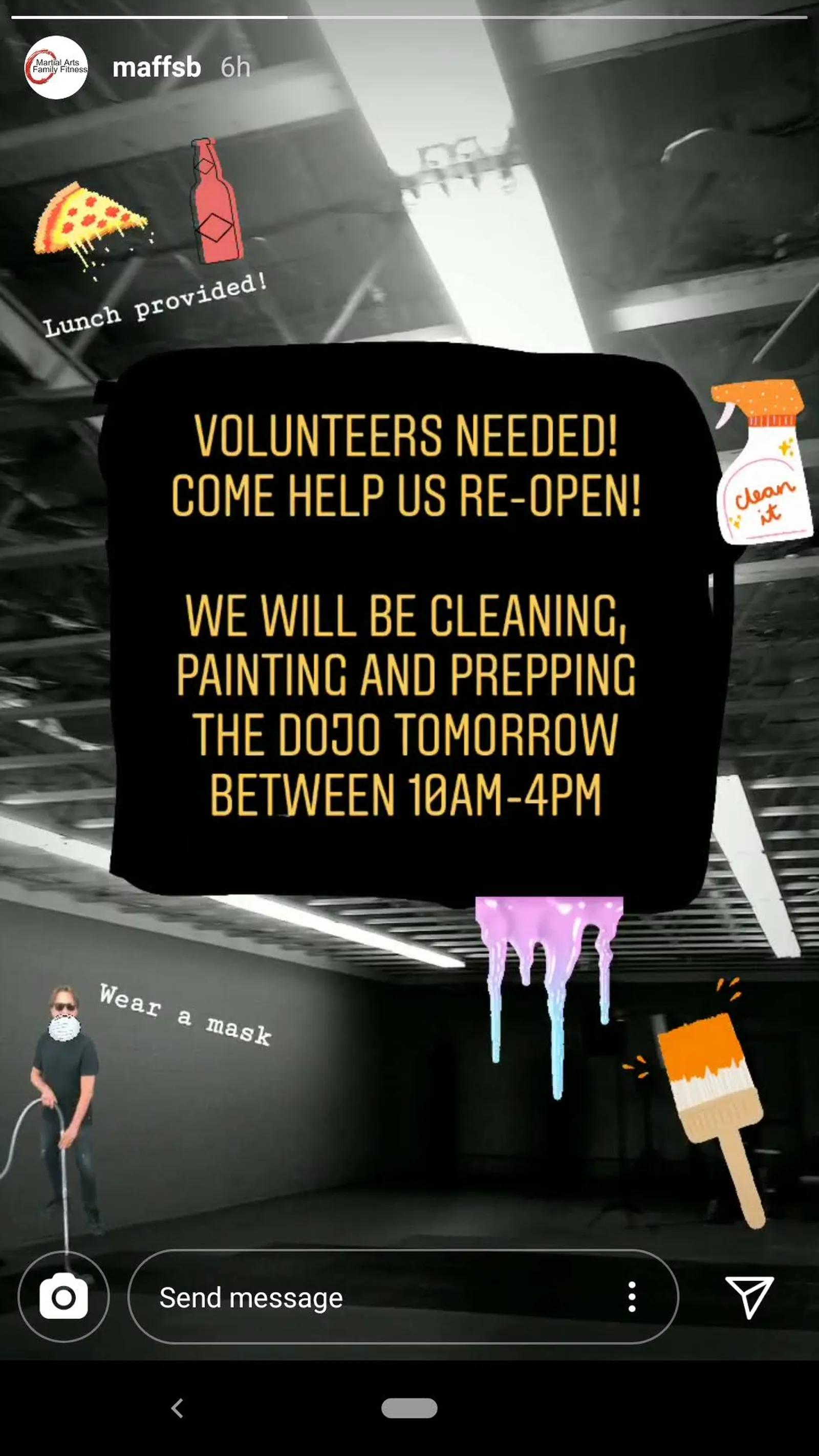 Santa Barbara Dojo post asking volunteers to help reopen the dojo in 2020