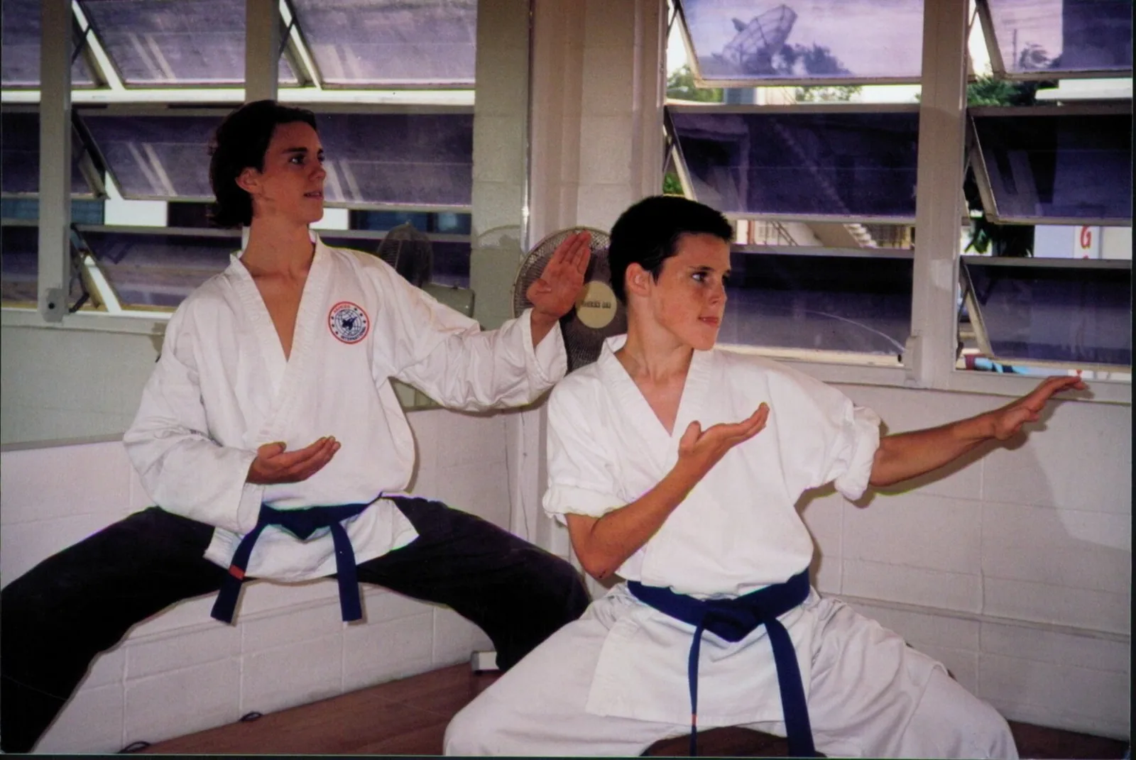 Two students in white uniforms practicing a hand technique at the dojo