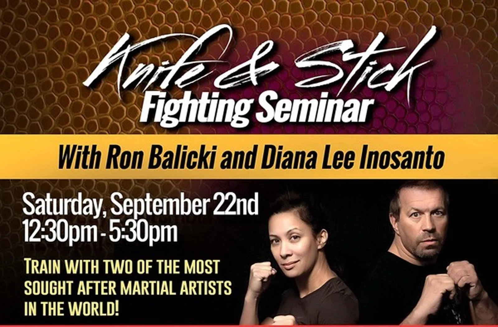 Knife and Stick Fighting Seminar flyer featuring Ron Balicki and Diana Lee Inosanto