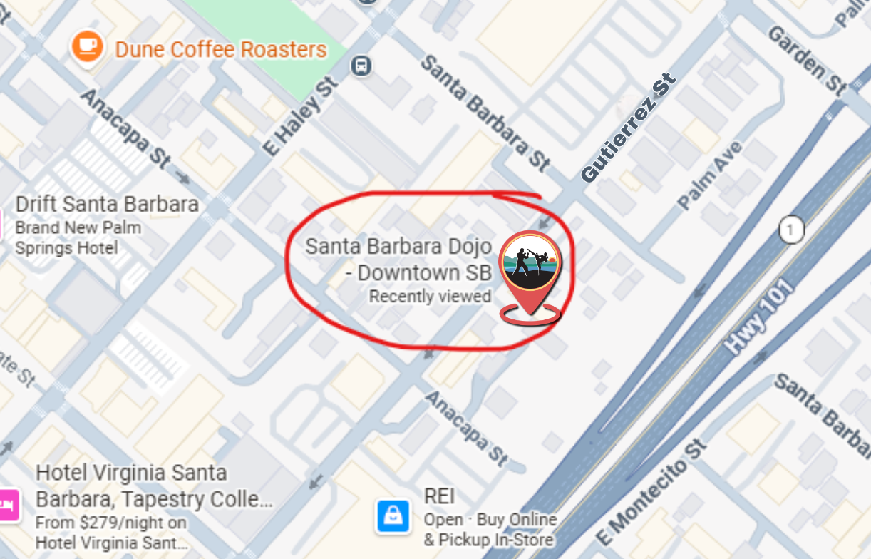 Map to Santa Barbara Dojo Downtown on Gutierrez St